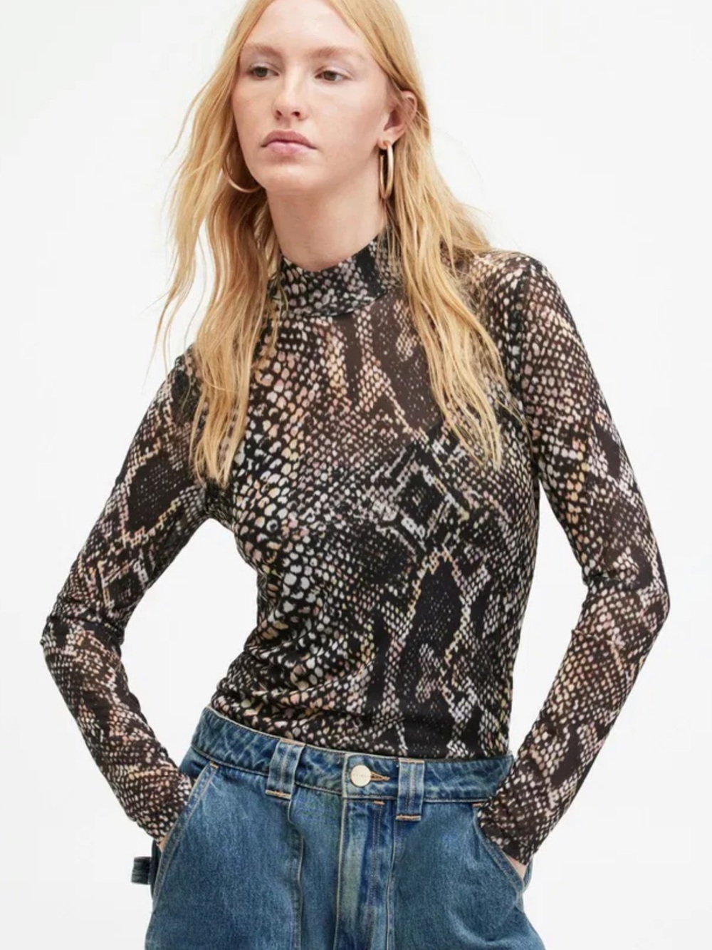 All Saints Brown Snake-Print Mock Neck Bodysuit
